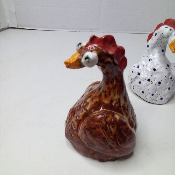 Handmade Ceramic Chicken Rooster Decor 4" Whimsical Big Eyes Lot 2 Countrycore - Picture 3 of 12